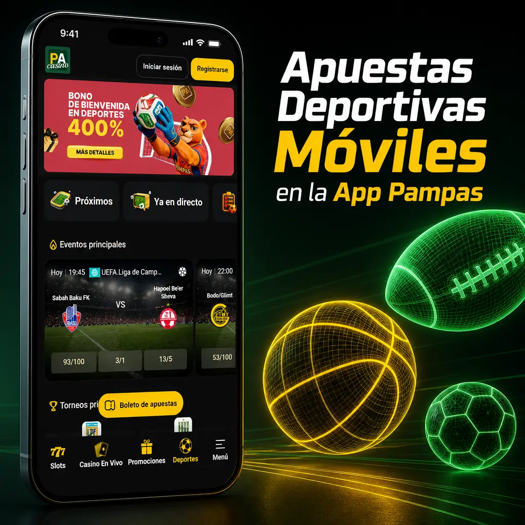 Apuestas deportivas en vivo y de línea en la app Pampas, con cuotas actualizadas para fútbol, tenis, básquet y más