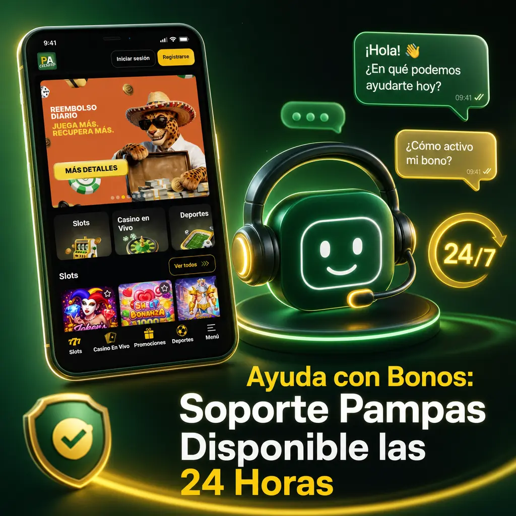 Soporte Pampas 24/7 para consultas sobre bonos: chat en vivo, WhatsApp, correo y centro de ayuda disponibles.
