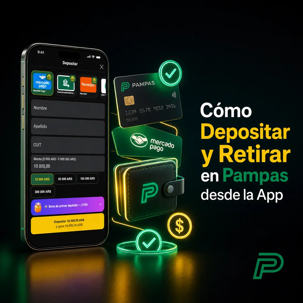 Guía paso a paso para depositar y retirar dinero en Pampas usando la app, con métodos como Mercado Pago y transferencia bancaria.