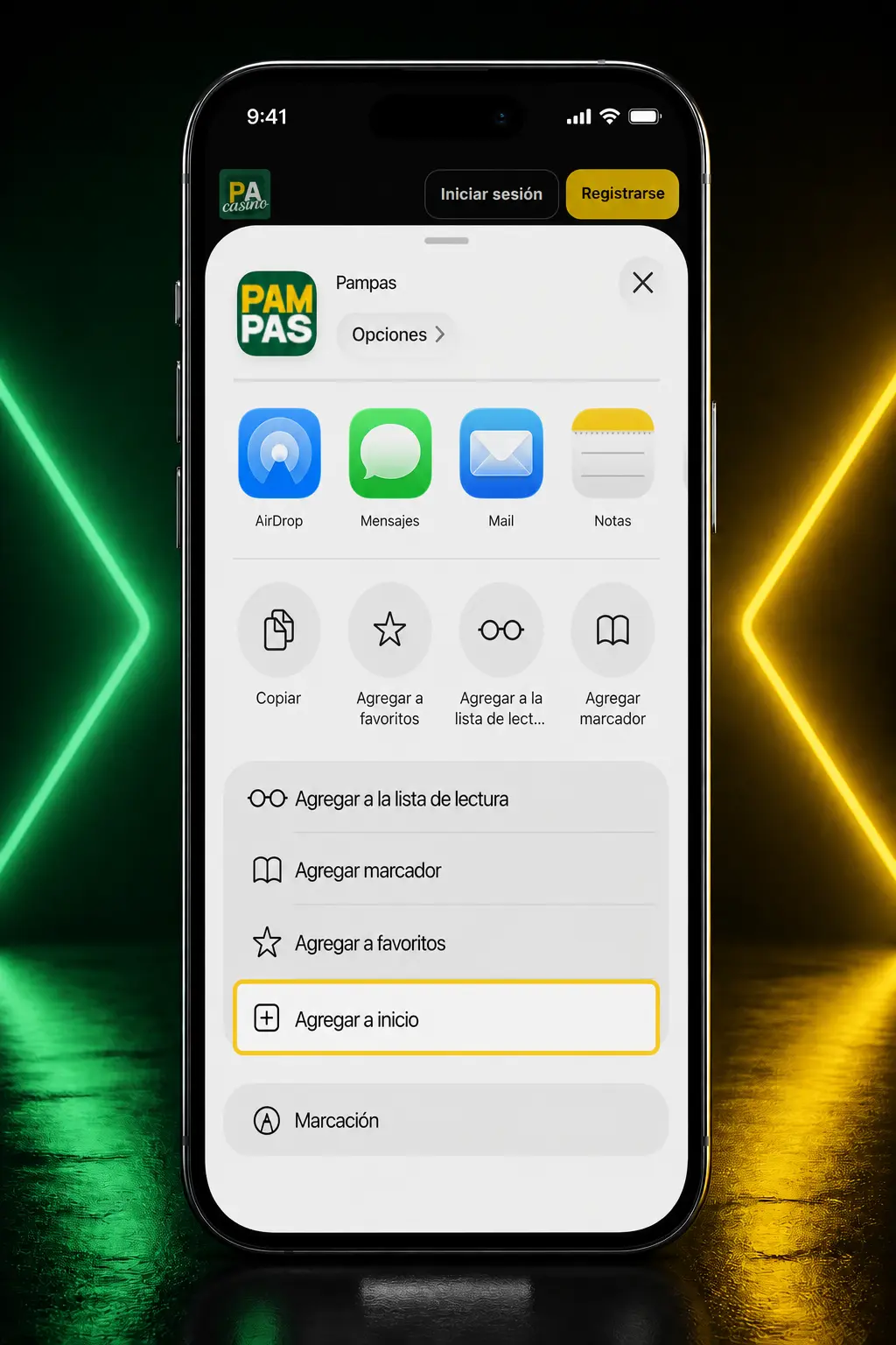 Pasos para descargar e instalar la app Pampas en iOS usando Safari, desde ingreso hasta agregar a inicio.
