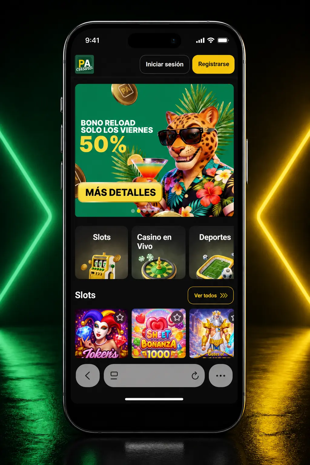 Pasos para descargar e instalar la app Pampas en iOS usando Safari, desde el iPhone hasta la pantalla principal.