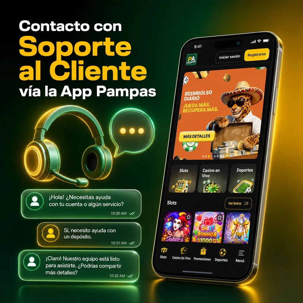 Contacto con soporte al cliente en la app Pampas: chat en vivo, correo, WhatsApp y preguntas frecuentes 24/7.