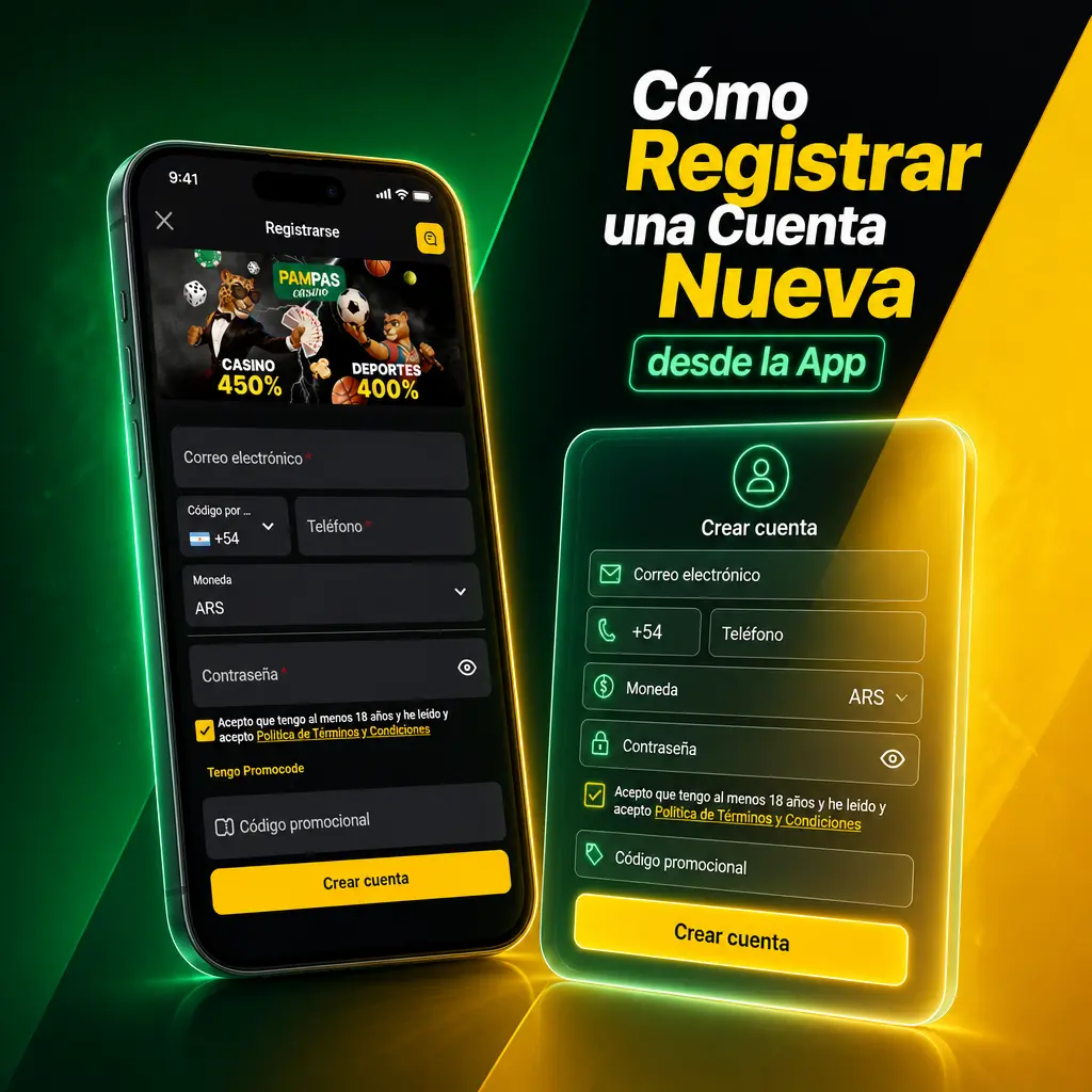Pasos para registrar una cuenta nueva en la app de Pampas y activar el bono de bienvenida al completar el registro.