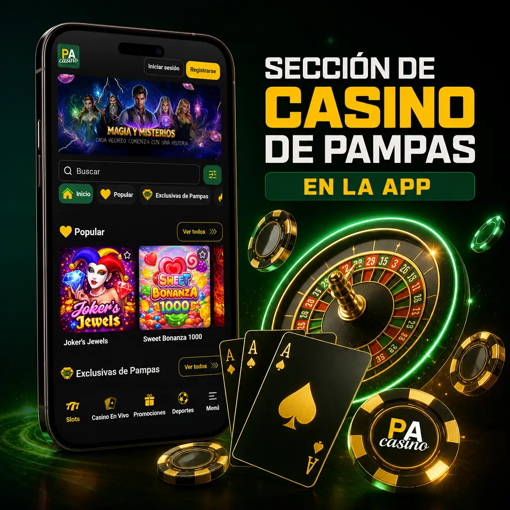Sección de casino en la app de Pampas con más de 4.000 juegos, filtros por proveedor y navegación rápida entre pestañas
